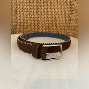 Robert Graham Brown Genuine Leather Belt White Embroidered Edge Blue Paisley NEW